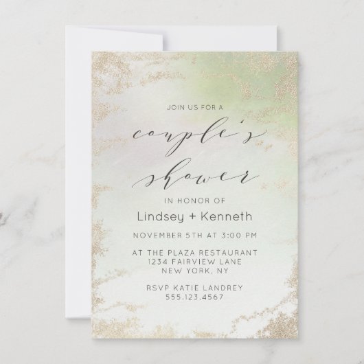春グラデーショングリーンゴールドフォイルフロストウェディングシャワー 招待状 (正面)