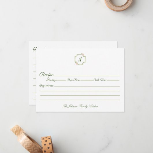 春グリーンアンドピンクモノグラムファミリーレシピ ノートカード (正面/裏面インサイチュ)