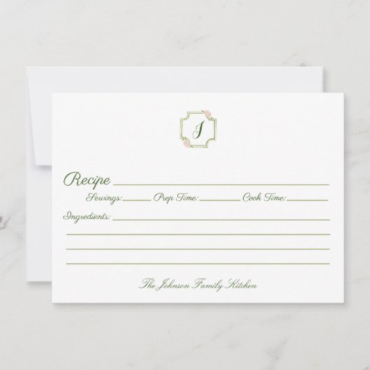 春グリーンアンドピンクモノグラムファミリーレシピ ノートカード (正面)