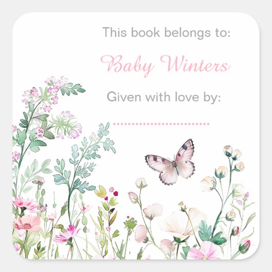 春グリーンバタフライフローラベビーシャワー スクエアシール (正面)