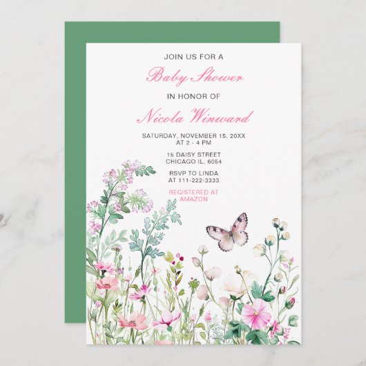 春グリーンバタフライフローラベビーシャワー 招待状 (正面/裏面)