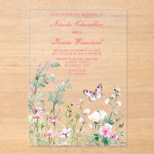 春グリーンバタフライ結婚フローラ アクリル招待状 (正面)