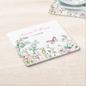 春グリーンバタフライ結婚フローラ スクエアペーパーコースター (アングル)