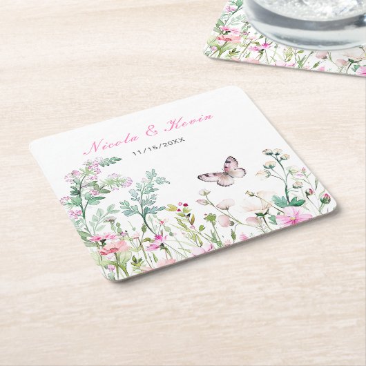 春グリーンバタフライ結婚フローラ スクエアペーパーコースター (アングル)