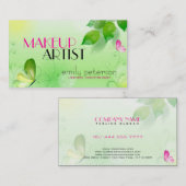 春グリーンバックグラウンドとピンクの蝶 名刺 (正面/裏面)