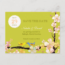春グリーンラブバード結婚式の日付を保存 案内ポストカード