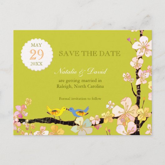 春グリーンラブバード結婚式の日付を保存 案内ポストカード (正面)