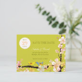 春グリーンラブバード結婚式の日付を保存 案内ポストカード (スタンド正面)