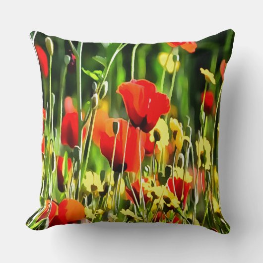 春ケシと牧草花絵画の クッション (正面)