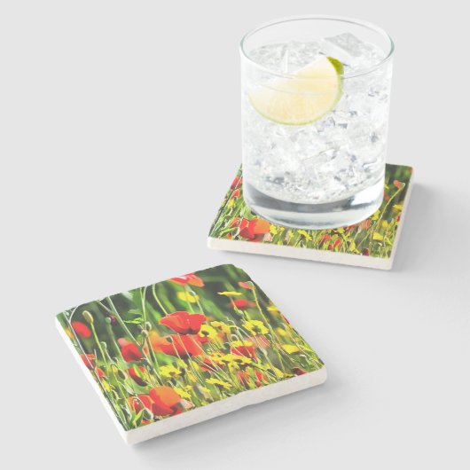 春ケシと牧草花絵画の ストーンコースター (横)