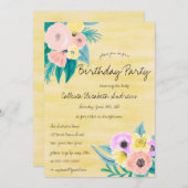春コーラルイエローフローラウォーターカラー誕生日 招待状 (正面/裏面)