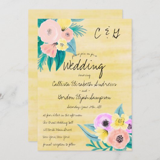 春コーラルイエローフローラウォーター結婚カラー 招待状 (正面/裏面)