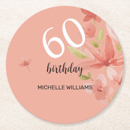 春コーラル鮮やかガーデンウォーターカラーフローラ ラウンドペーパーコースター