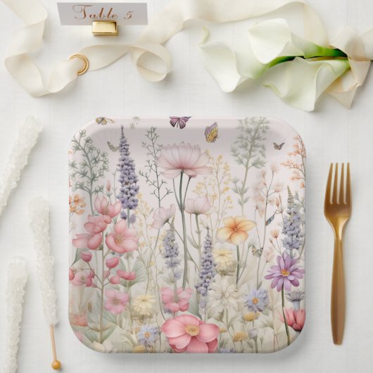 春サマーガーデンウォーターカラーフラワーバタフライ ペーパープレート (ウェディング)