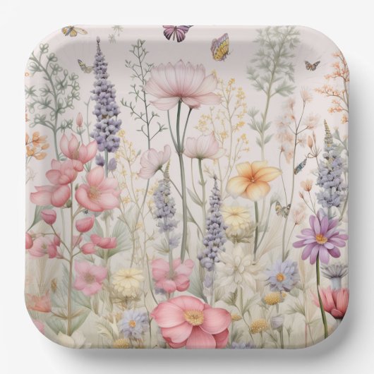 春サマーガーデンウォーターカラーフラワーバタフライ ペーパープレート (正面)