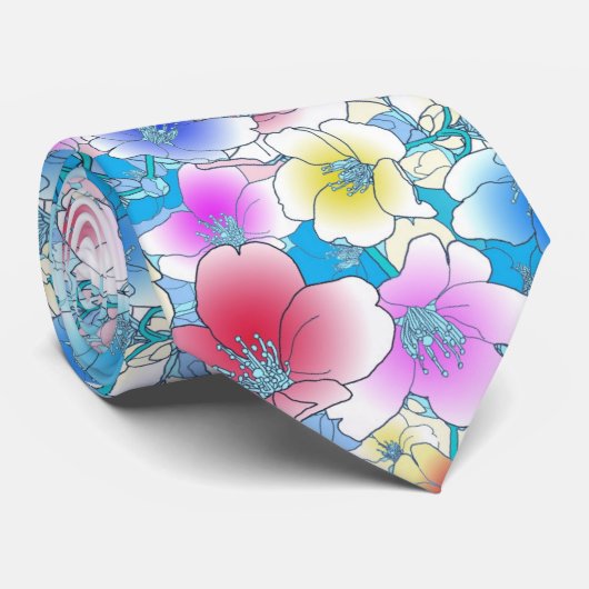 春サマーパステルフローラアートワークブルーメンズ ネクタイ (ロール)