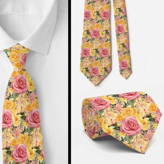 春サマーピンクと黄色のフローラネックタイ ネクタイ