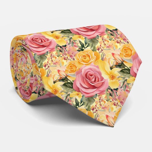 春サマーピンクと黄色のフローラネックタイ ネクタイ (ロール)