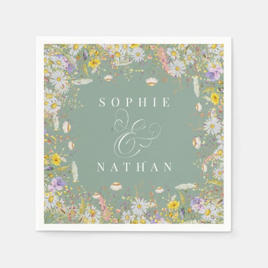 春サマーワイルドフラワーセージ緑ボホナプキンズ スタンダードカクテルナプキン (正面)