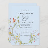 春サマーワイルドフラワーライトブルーボホ結婚ズ 招待状 (正面/裏面)