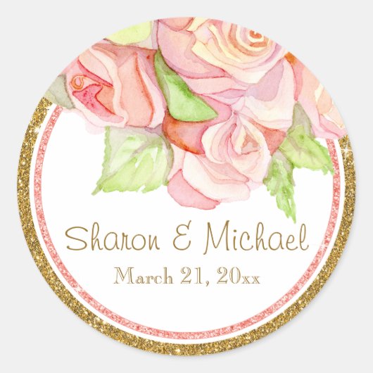 春サマー結婚ズの水彩ローズブーケ ラウンドシール (正面)
