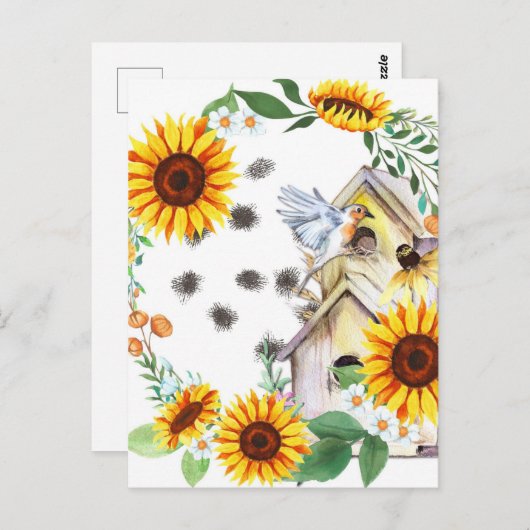 春サンフラワーバードハウスヴィンテージアートポストカード ポストカード (正面/裏面)