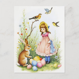 春シーンと女の子、ウサギとイースターエッグ シーズンポストカード