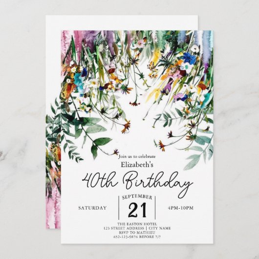 春スクリプトワイルドフラワーズ40歳の誕生日 招待状 (正面/裏面)