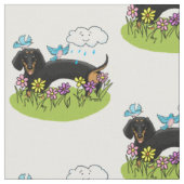 春ダシュント（黒とタン）かわいい犬 ファブリック (クローズアップ)