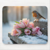 春チューリップとロビン・オン・ザ・ベンチ マウスパッド (正面)