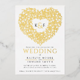 春チューリップスケッチハート結婚金ゴールドブラック 箔招待状