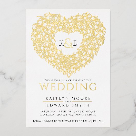 春チューリップスケッチハート結婚金ゴールドブラック 箔招待状 (正面)