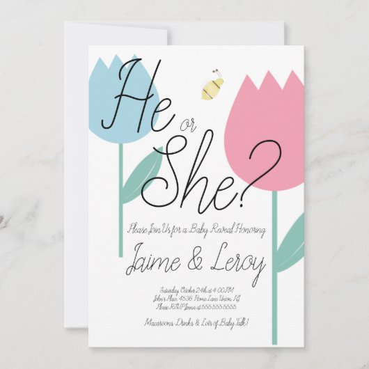 春チューリップピンク青の性別が彼または彼女を明らかにする 招待状 (正面)