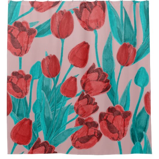 春チューリップ、手描きフローラルパターン シャワーカーテン (正面)