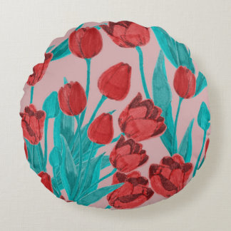 春チューリップ、手描きフローラルパターン ラウンドクッション
