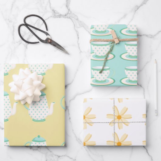 春ティーパーティーターコイズと黄色 ラッピングペーパーシート (正面)