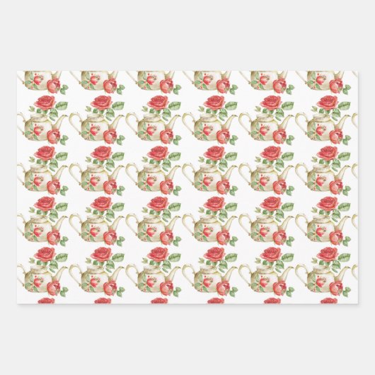 春ティーパーティーレッドティーポットとバラ ラッピングペーパーシート (正面2)