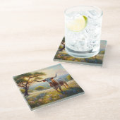 春テキサス州ロングホーン牛 ガラスコースター (アングル)