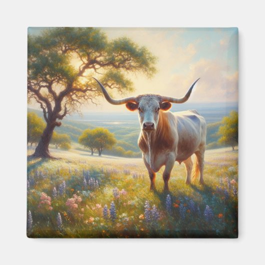 春テキサス州ロングホーン牛 マグネット (正面)