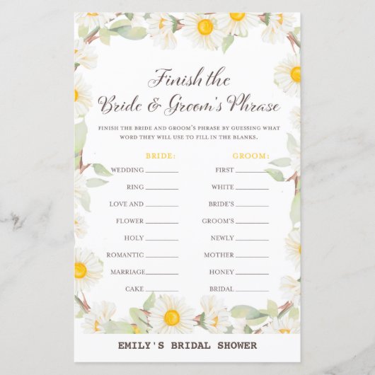 春デイジーフラワーブライダルシャワーゲームプリント (正面)