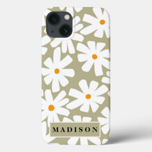 春デイジーフローラレトロパターンセージ緑 iPhone 13ケース