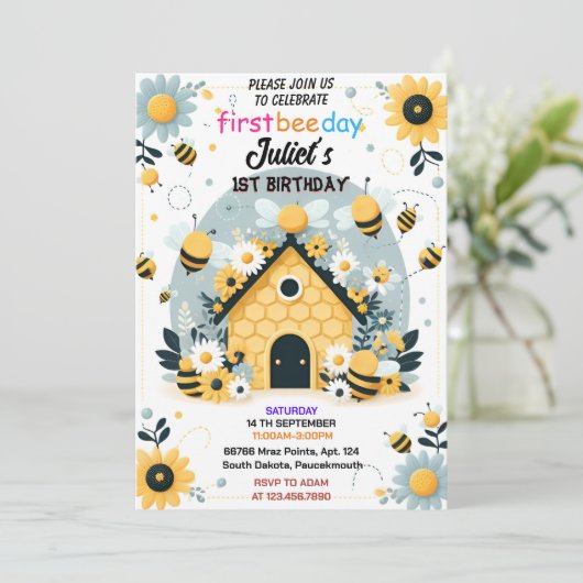 春デイジー黄色の最初の1日bee誕生日 招待状 (スタンド正面)