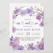 春デリケート紫の花ベビーsipと参照 招待状 (正面/裏面)