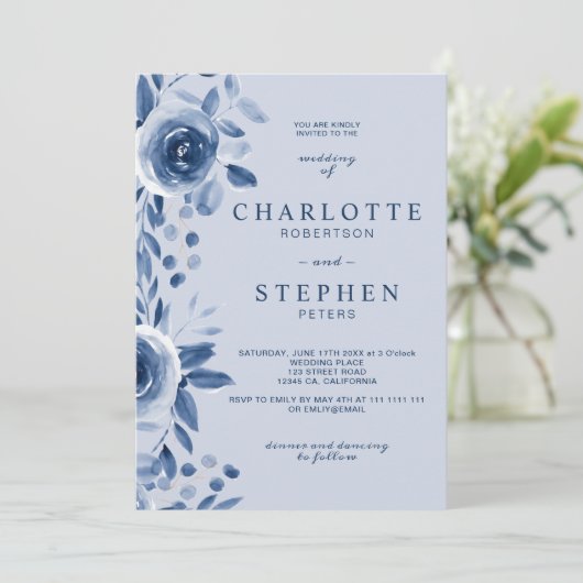春ネイビー青フローラ水結婚色の写真 招待状 (スタンド正面)