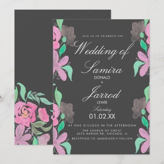 春ハンドウォーターカラーピンク緑結婚色 招待状 (正面/裏面)