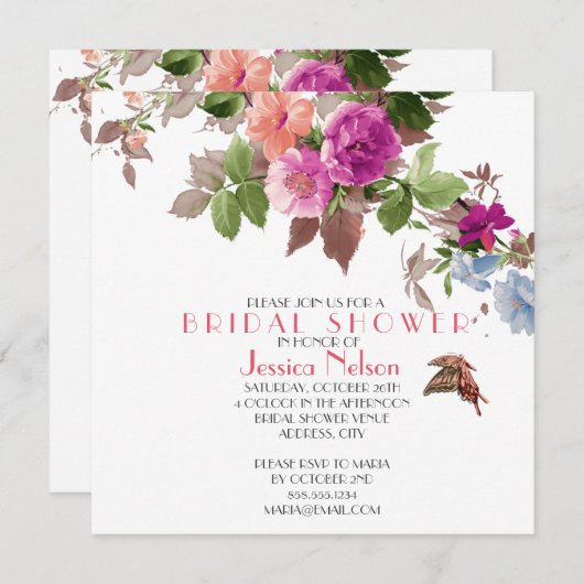 春バタフライガーデンフラワーズブライダルシャワー 招待状 (正面/裏面)