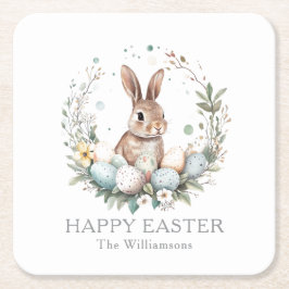 春バニーイースターエッグガーランドパーソナライズされた スクエアペーパーコースター