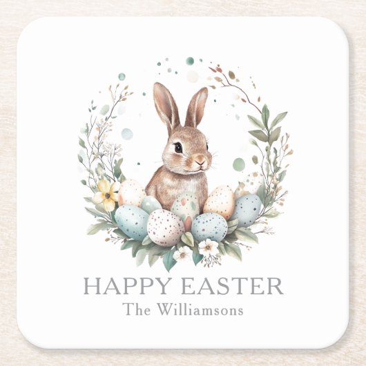春バニーイースターエッグガーランドパーソナライズされた スクエアペーパーコースター (正面)