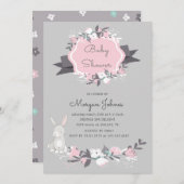 春バニーフローラ赤面ベビーシャワー招待状 (正面/裏面)