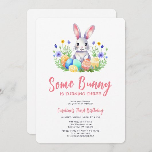 春バニーラビットイースターサード誕生日 招待状 (正面/裏面)